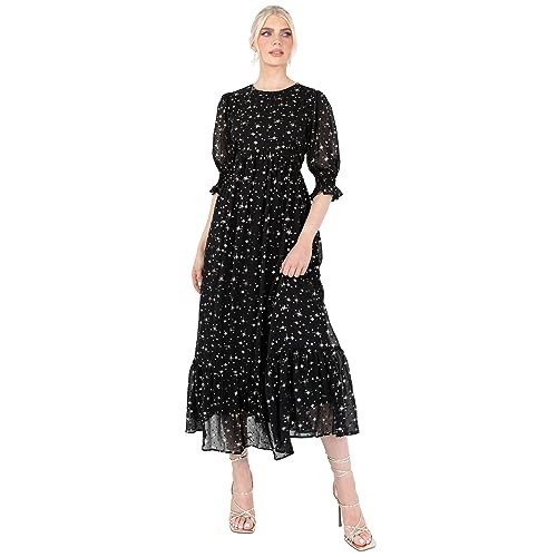 Lovedrobe Women's Midaxi Dress Ladies Puff Sleeve Round Neck Frill Tiered Hem Star Print Empire A-line for Party Cocktail Evening, Black, 46 von Lovedrobe