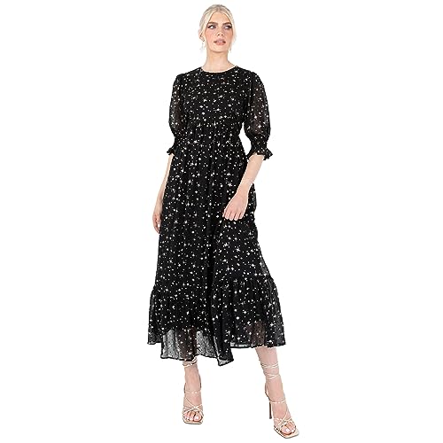 Lovedrobe Women's Midaxi Dress Ladies Puff Sleeve Round Neck Frill Tiered Hem Star Print Empire A-line for Party Cocktail Evening, Black, 54 von Lovedrobe