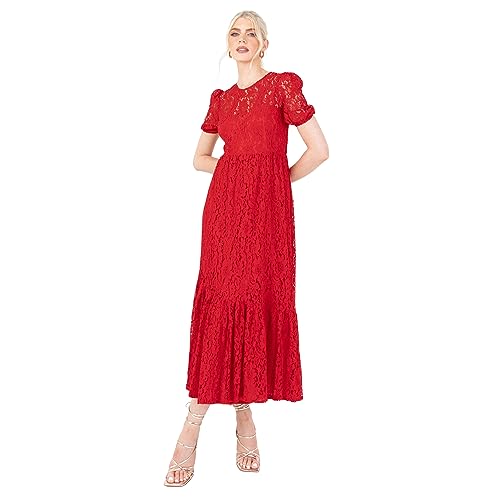 Lovedrobe Women's Midaxi Dress Ladies Red Short Sleeve Round Neck Puff Lace Empire A-line Bow Tie Open Back for Evening Occasion, Red, 42 von Lovedrobe