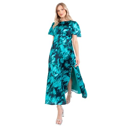 Lovedrobe Women's Midaxi Dress Ladies Round Neck Angel Sleeves Abstract Marble Print Empire A-line Leg Split Tie Back Bow Evening, Blaugrün 36 von Lovedrobe