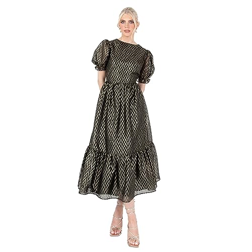 Lovedrobe Women's Midaxi Dress Ladies Round Neck Short Puff Sleeves Metallic Zig-Zag Tie-Back A-line for Party Evening Occasion, Black, 40 von Lovedrobe