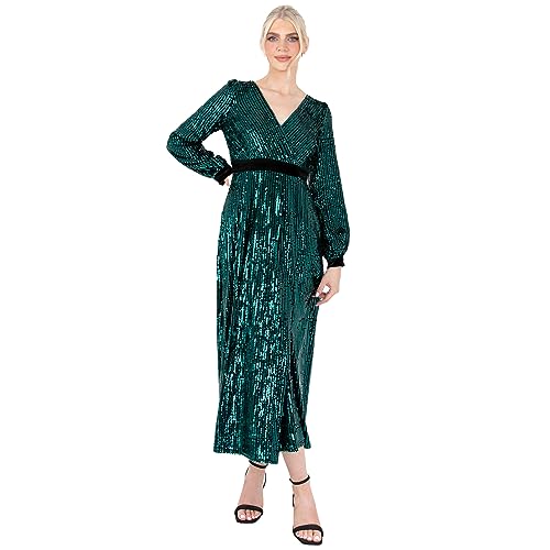 Lovedrobe Women's Midaxi Dress Ladies Sequin Embellished Long Sleeve V-Neck Faux Wrap Velvet Bow Split for Party Evening Occasion, Green, 40 von Lovedrobe
