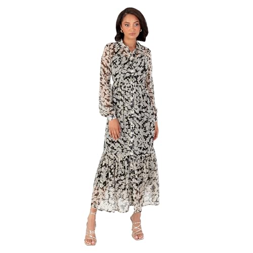 Lovedrobe Women's Midaxi Dress Ladies Shirt Collar Long Sleeve Floral Elasticated Waist Gold Texture Smart Casual Office Wear, Schwarz 48 Lovedrobe Women's Midaxi Dress Ladies Shirt Collar Long Sleeve Floral Elasticated Waist Gold Texture Smart Casual Office Wear, Schwarz 48 von Lovedrobe