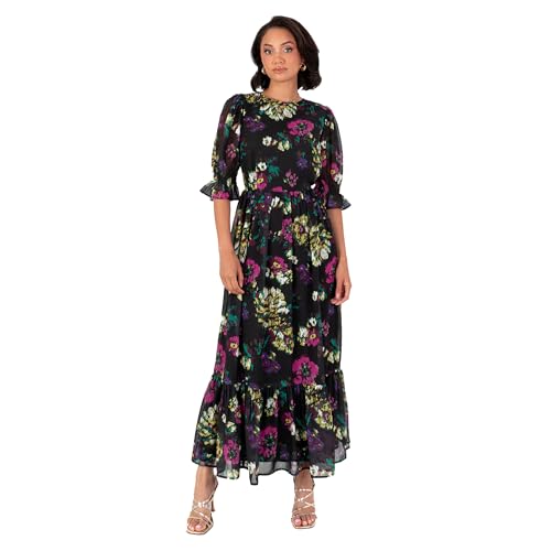 Lovedrobe Women's Midaxi Dress Ladies Short Puff Sleeve Round Neck Floral Chiffon Ruffle Tiered Bottom Hemline A-line Occasion, Schwarz 42 von Lovedrobe