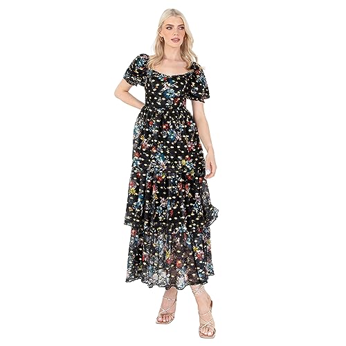 Lovedrobe Women's Midaxi Dress Ladies Sweetheart Neckline Short Sleeve Tiered Floral Print Empire A-line for Wedding Guest Party, Blue, 10 von Lovedrobe