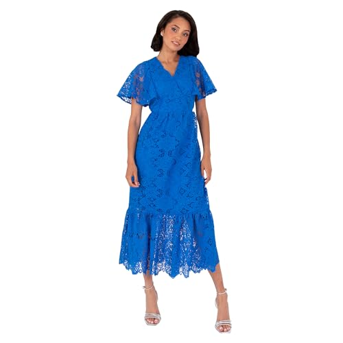 Lovedrobe Women's Midaxi Dress Ladies V-Neck Angel Sleeve A-line Floral Print Ruffle Tiered Hem Wedding Guest Evening Occasion, Blau 40 von Lovedrobe
