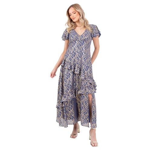 Lovedrobe Women's Midaxi Dress Ladies V-Neck Flutter Sleeve A-line Gold Detail Tiered Asymmetric Ruffle Frill Leg Split Evening, Blau 48 von Lovedrobe