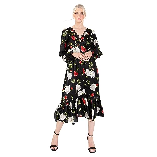 Lovedrobe Women's Midaxi Dress Ladies V Neck Long Sleeve Floral Ruffle Frilly Lace Trim Empire A-line Open Back for Wedding Guest, Schwarz, 48 von Lovedrobe