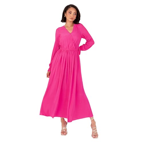 Lovedrobe Women's Midaxi Dress Ladies Wrap V-Neck Long Sleeve Ruffle Cuff A-line Plissé Evening Occasion Wedding Guest, Fuchsia Pink 52 von Lovedrobe