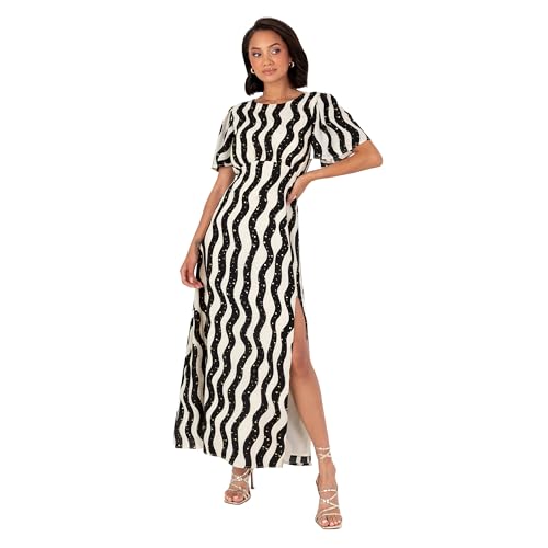Lovedrobe Women's Midaxi Dress Ladies Round Neck Short Angel Sleeves Monochrome Wave Print Keyhole Back Elasticated Waist A-line, Schwarz und Creme 44 von Lovedrobe