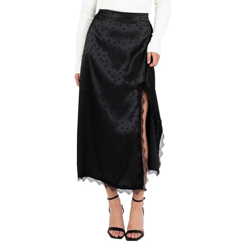 Lovedrobe Women's Midaxi Skirt Ladies Satin Lace Trim Split Hemline Polka Dot Spot Print A-line Occasion Evening Party Cocktail, Schwarz 36 von Lovedrobe