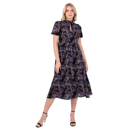Lovedrobe Women's Midi Dress Ladies High Neck Short Puff Sleeve Keyhole Front Open Back Tie Bow Floral Print Side Split Party, Multi 42 von Lovedrobe