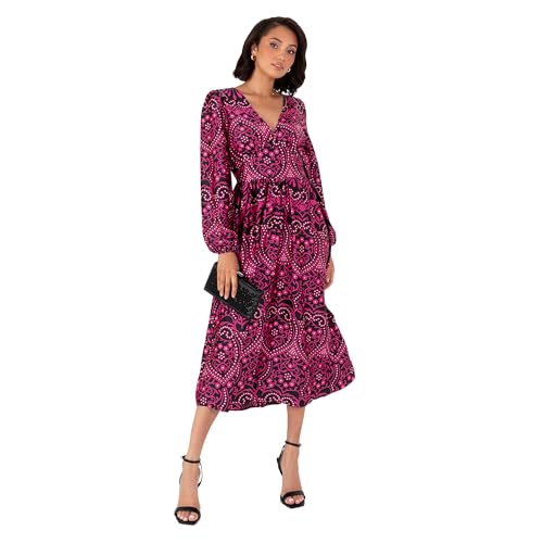 Lovedrobe Women's Midi Dress Ladies Long Balloon Sleeve V-Neck Satin Button Front Split Vibrant Print A-line Evening Occasion, Rosa 50 von Lovedrobe