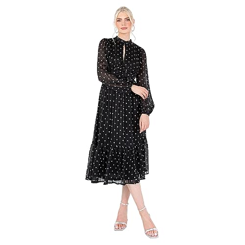 Lovedrobe Women's Midi Dress Ladies Long Sleeve High Neck Polka Dot Tie Back A-line Tea Dress for Party Occasion Office Wear, Black, 20 von Lovedrobe