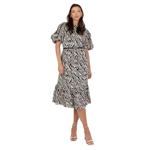 Lovedrobe Women's Midi Dress Ladies Round Neck Short Puff Sleeve Frilly Ruffle Detail Tie Back Printed A-line Smart Casual, Animal Print, 50 von Lovedrobe