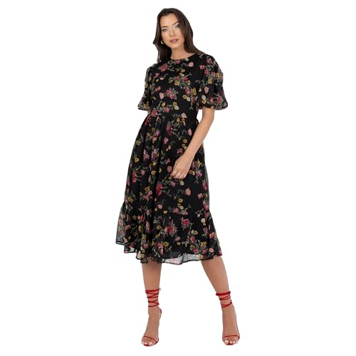 Lovedrobe Women's Midi Dress Ladies Round Neck Short Puff Sleeve Frilly Ruffle Detail Tie Back Printed A-line Smart Casual, Floral Print, 42 von Lovedrobe