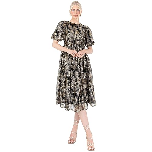 Lovedrobe Women's Midi Dress Ladies Short Puff Sleeve Mesh Star Sequin Embellished Round Neck A-line for Party Cocktail Evening, Gold, 42 Lovedrobe Women's Midi Dress Ladies Short Puff Sleeve Mesh Star Sequin Embellished Round Neck A-line for Party Cocktail Evening, Gold, 42 von Lovedrobe