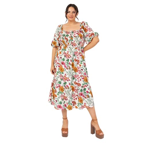 Lovedrobe Women's Midi Dress Ladies Short Puff Sleeves Square Neckline Floral Ruffle Frill Shirred A-line Milkmaid Summer Smock Blumenmuster 38 von Lovedrobe