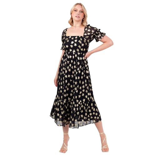 Lovedrobe Women's Midi Dress Ladies Square Neck Short Puff Sleeves Star Print Chiffon Tie Back A-line Cocktail Party Evening, Schwarz 52 von Lovedrobe