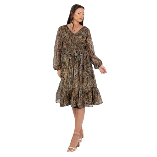 Lovedrobe Women's Midi Dress Ladies V-Neck Long Balloon Sleeve Boho Paisley Floral Print Shirred Waist A-line Smart Casual, Gold, 44 von Lovedrobe
