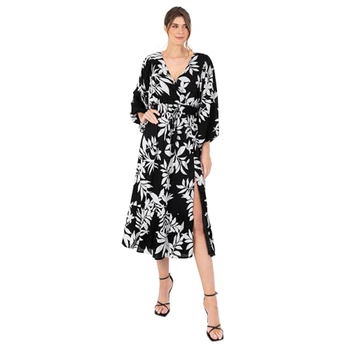 Lovedrobe Women's Midi Dress Ladies V-Neck Long Balloon Sleeve Faux-Wrap Thigh Split Shirred Waist Tassel Belt A-line Smart Casual Monochrome 52 von Lovedrobe