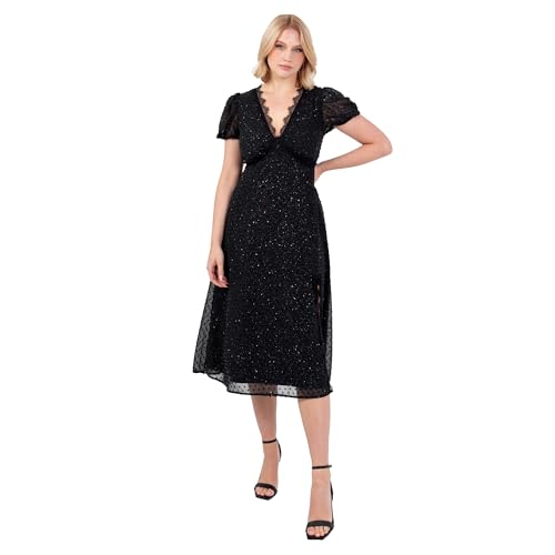 Lovedrobe Women's Midi Dress Ladies V-Neck Short Puff Sleeve Glitter Chiffon Lace Trim Side Split Shirred Back Party Evening, Schwarz 44 von Lovedrobe