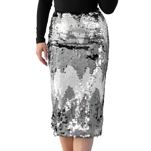 Lovedrobe Women's Midi Skirt Ladies Pencil Disc Sequin Embellished Ombre Back Split Sparkling Shiny Silver Party Evening Occasion, Anthrazit 52 von Lovedrobe