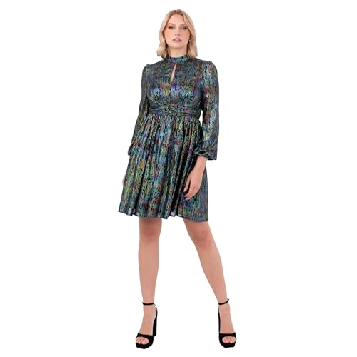Lovedrobe Women's Mini Dress Ladies High Neck Long Sleeve Chiffon Metallic Foiled Keyhole Front Tie Back Bow Fit and Flare Skater, Schwarz 42 von Lovedrobe