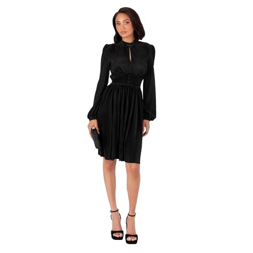Lovedrobe Women's Mini Dress Ladies Long Balloon Sleeve High Neck Keyhole Detail Fit and Flare Plissé Cocktail Evening Occasion, Schwarz 52 von Lovedrobe