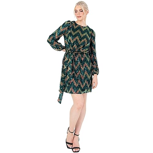 Lovedrobe Women's Mini Dress Ladies Short Sequin Embellished Long Sleeve Round Neck Tie Belt Zig-Zag for Party Cocktail Evening, Green, 40 von Lovedrobe