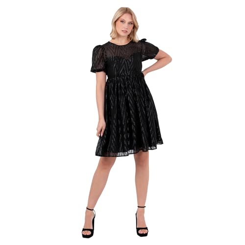 Lovedrobe Women's Mini Dress Ladies Skater Fit and Flare A-line Round Neck Short Puff Sleeve Keyhole Back Zigzag Tie Bow Party, Schwarz 40 von Lovedrobe