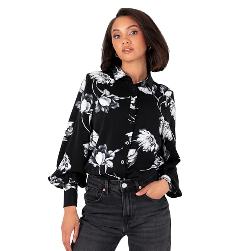Lovedrobe Women's Oversized Shirt Ladies Satin Blouse Top Button-up Long Sleeve Floral Print Monochrome Smart Casual Office Wear, Schwarz 48 von Lovedrobe