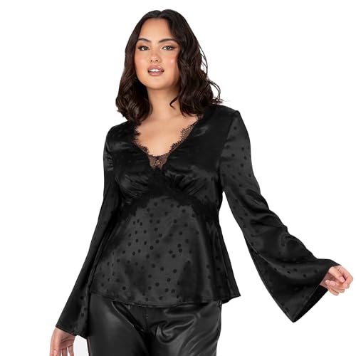 Lovedrobe Women's Satin Top Ladies Blouse Long Bell Sleeve V-Neck Peplum Polka Dot Print Lace Trim Smart Casual Office Wear Party, Schwarz 54 Lovedrobe Women's Satin Top Ladies Blouse Long Bell Sleeve V-Neck Peplum Polka Dot Print Lace Trim Smart Casual Office Wear Party, Schwarz 54 von Lovedrobe