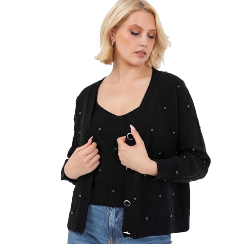 Lovedrobe Women's Twinset Ladies Long Sleeve Cardigan Knitted Two Piece Vest Tank Top Co-ord Set Diamante Smart Casual Knitwear, Schwarz 44-46 von Lovedrobe
