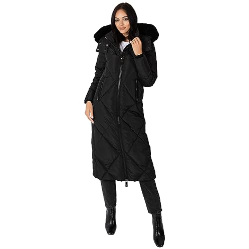 Lovedrobe Women's Winter Jacket Ladies Coat Puffer Removable Faux Fur Hood Pockets Quilted Padded Longline Puffa Outerwear, Schwarz, 42 von Lovedrobe