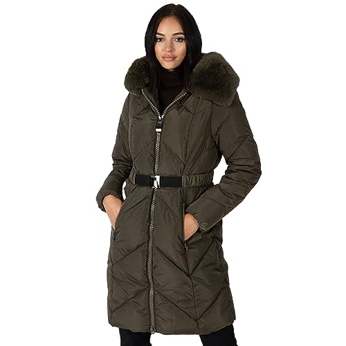 Lovedrobe Women's Winter Jacket Ladies Coat Quilted Padded Faux Fur Hood Belted Puffa Zip Front Pockets Puffer Outerwear, Khaki, 44 von Lovedrobe