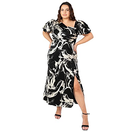 Lovedrobe Women's Womens Ladies Midaxi with Slit Plus Size Curve Asymmetrical Neckline Keyhole Bow Tie Puffed Short Sleeve Black Dress, Marble Print, 52 von Lovedrobe