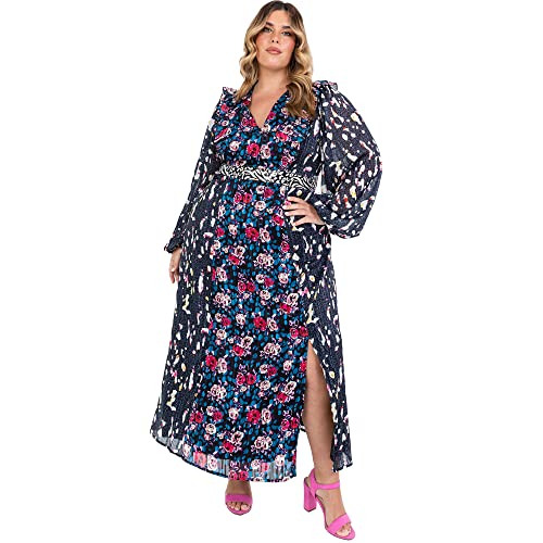 Plus Size Maxi Dress for Women Ladies with Pockets Long Baloon Sleeve Slit High Waist Curve Everyday Keyhole Flowers Size 16 von Lovedrobe