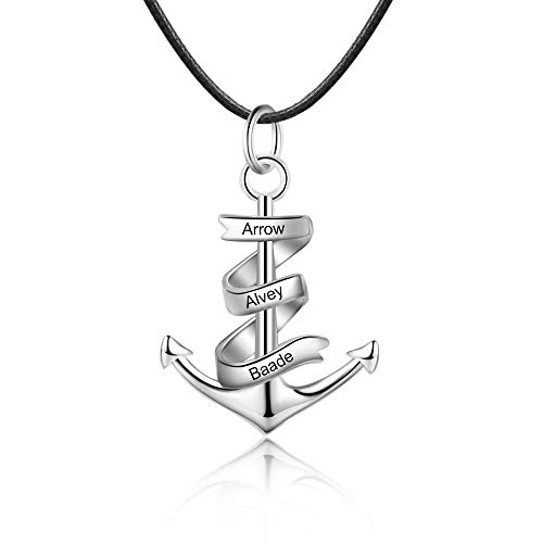 Anker Halskette Personalisiert Mit Gravur - Silber Anhänger für Männer, Vater, Damen, Paare - 55+5 cm Leder Ketten (Silber Kleiner) von Lovejewellery