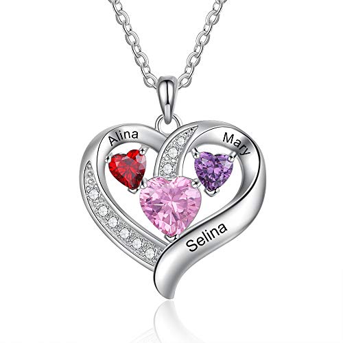 Damen Kette Namen Halskette Damen Personalisiert mit Herz Anhänger Namenskette mit 2/3 Geburtsstein Kette Name 925 Sterling Silber Schmuck Damen (3 Steine ​​3 Namen) von Lovejewellery