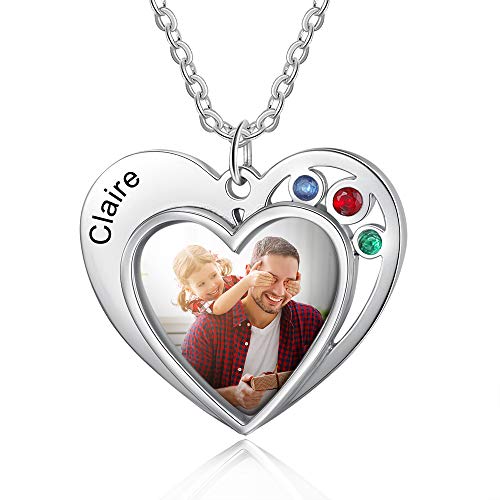 Foto Kette für Frauen Personalisiert Erkennungsmarke/Herz/Runde Anhänger Halskette mit Namen Texte Gravur Schmuck Silberplatte/Edelstahl Souvenir Geschenk (Herzform +3 Geburtsstein) von Lovejewellery
