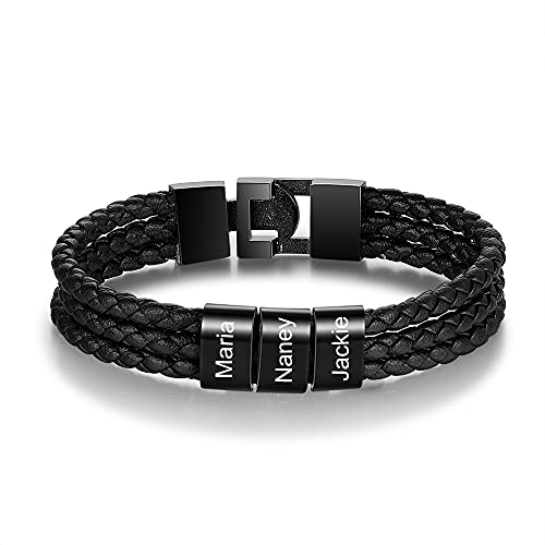 Lovejewellery Personalisierte Armband mit 2~5 Name Perlen Herren Lederarmband Personalisiert Männer Braid Armband mit Namen Graviert Edelstahl Geschenk für Männer Vatertag (B-3 Name) von Lovejewellery