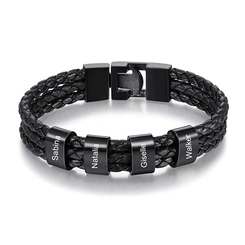 Lovejewellery Personalisierte Armband mit 2~5 Name Perlen Herren Lederarmband Personalisiert Männer Braid Armband mit Namen Graviert Edelstahl Geschenk für Männer Vatertag (B-4 Name) von Lovejewellery