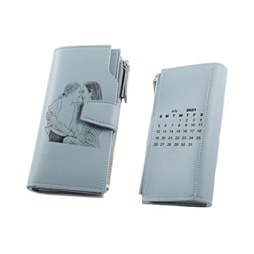 Personalisiert Damen Leder Geldbörse mit Foto & Kalender Gravierter Hellblau Geldbeutel Portemonnaie mit Kartenfächer Reißverschluss für Frauen Mutter Geburtstag Weihnachts Geschenk (Hellblau-lang) von Lovejewellery