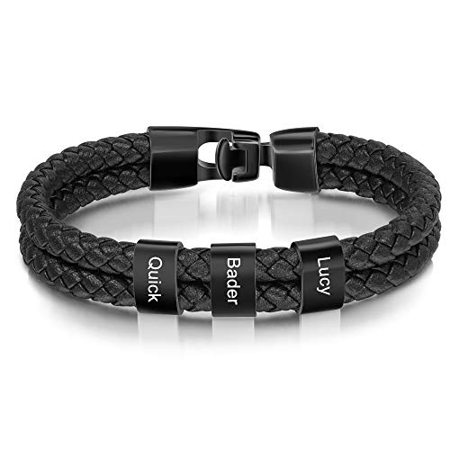 Lovejewellery Personalisierte Armband mit 2~5 Name Perlen Herren Lederarmband Personalisiert Männer Braid Armband mit Namen Graviert Edelstahl Geschenk für Männer Vatertag (3 Name) von Lovejewellery
