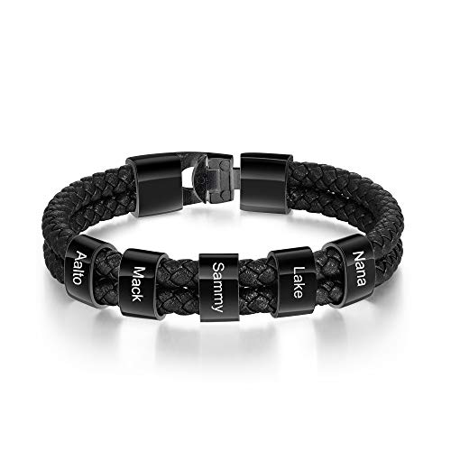 Personalisierte Armband mit 2~5 Name Perlen Herren Lederarmband Personalisiert Männer Braid Armband mit Namen Graviert Edelstahl Geschenk für Männer Vatertag (5 Name) von Lovejewellery
