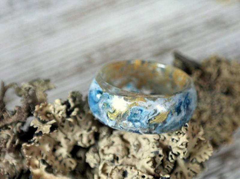 Harz Ring Solar Acryl Malerei Raum Universum Blau Gold Nebel Natur Inspiriert Galaxy Verlobungsring von LovelinessNature