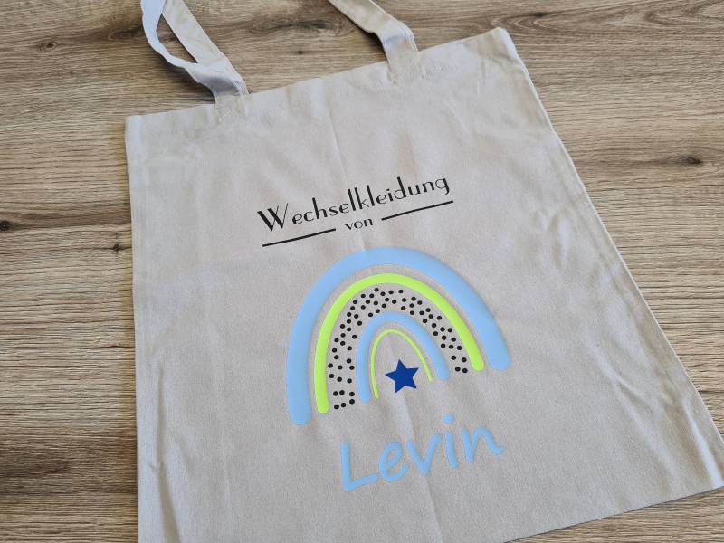 Wechselkleidung Kita Kindergarten Schule Regenbogen Blau Stoffbeutel Stofftasche Turnbeutel Personalisiert Name von LovelyLoreleyShop