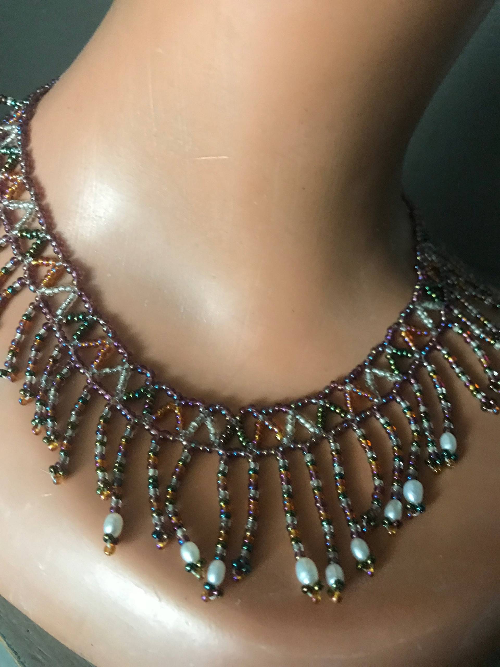 Vintage 1990Er Jahre Glasperlenkette 90Er Glasperlen-Lätzchenhalskette, Rosa Orange Grün, Ibiza Kate Moss Ära von LovelyTingsVintage