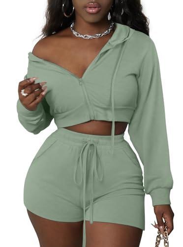 LovelyWholesale 2-teiliges Damen-Trainingsanzug-Set, langärmelig, bauchfrei, mit Reißverschluss und Shorts, Grün , Medium von LovelyWholesale